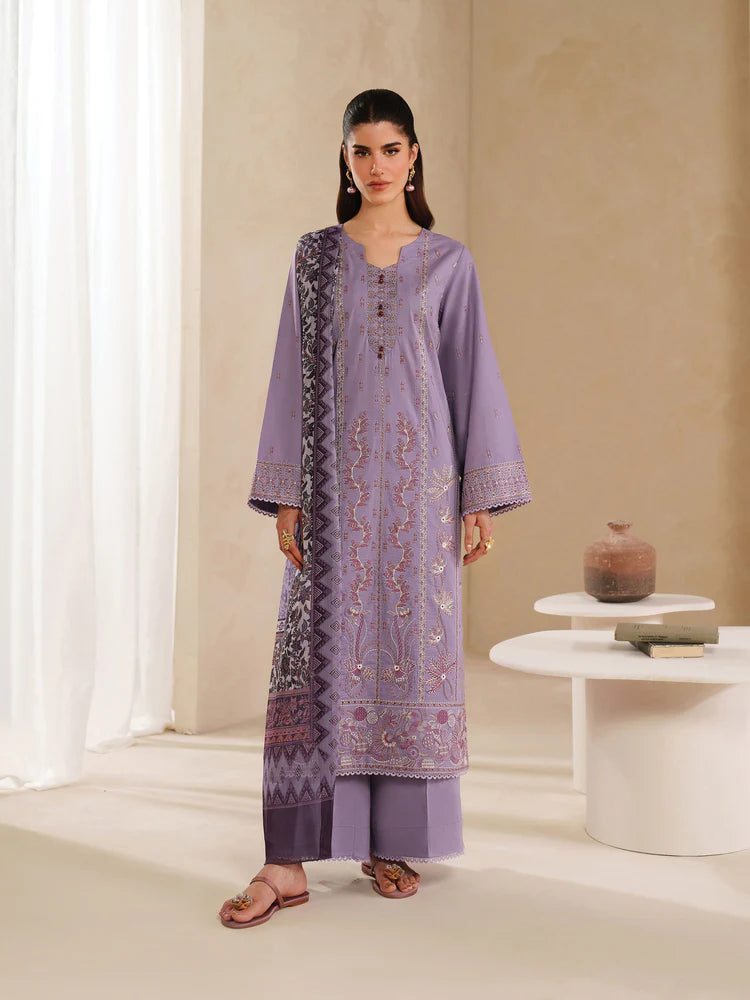 GARNET-3PC DHANAK EMBROIDERED SHIRT WITH COURTRAI PRINTED SHAWL AND TROUSER-W.J-2025