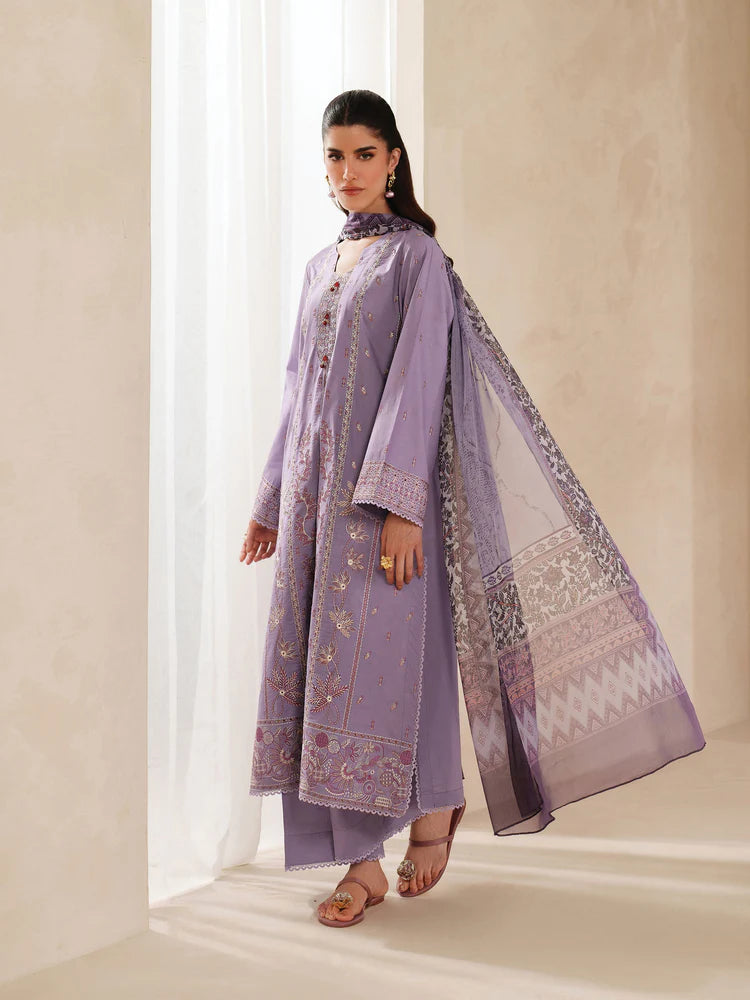 GARNET-3PC DHANAK EMBROIDERED SHIRT WITH COURTRAI PRINTED SHAWL AND TROUSER-W.J-2025