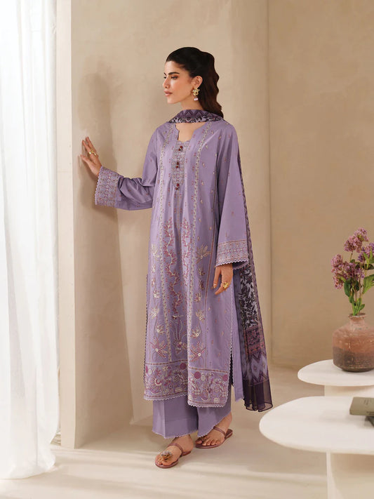 GARNET-3PC DHANAK EMBROIDERED SHIRT WITH COURTRAI PRINTED SHAWL AND TROUSER-W.J-2025