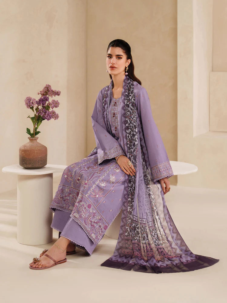 GARNET-3PC DHANAK EMBROIDERED SHIRT WITH COURTRAI PRINTED SHAWL AND TROUSER-W.J-2025