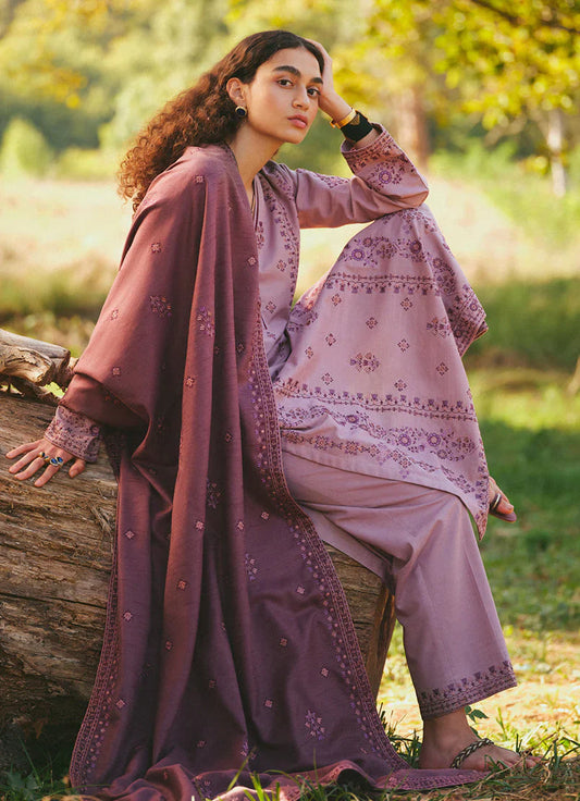 IMAGE-3PC DHANAK EMBROIDERED SHIRT WITH DHANAK EMBROIDERED SHAWL AND TROUSER-W.J-1783