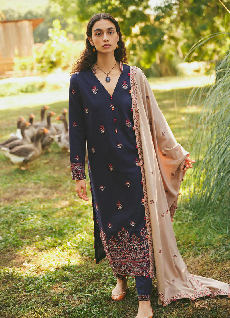 MARIA B- 3PC DHANAK EMBROIDERED SHIRT WITH DHANAK EMBROIDERED SHAWL & EMB TROUSER-W.J-1784
