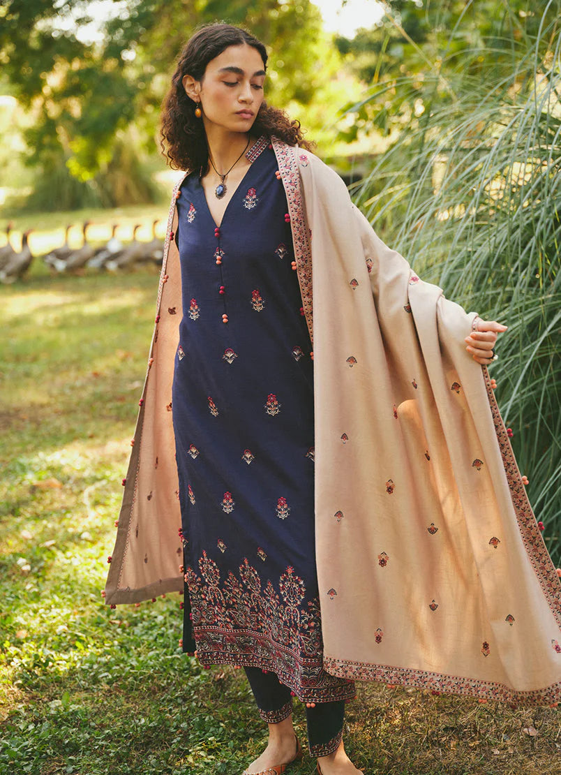 MARIA B- 3PC DHANAK EMBROIDERED SHIRT WITH DHANAK EMBROIDERED SHAWL & EMB TROUSER-W.J-1784