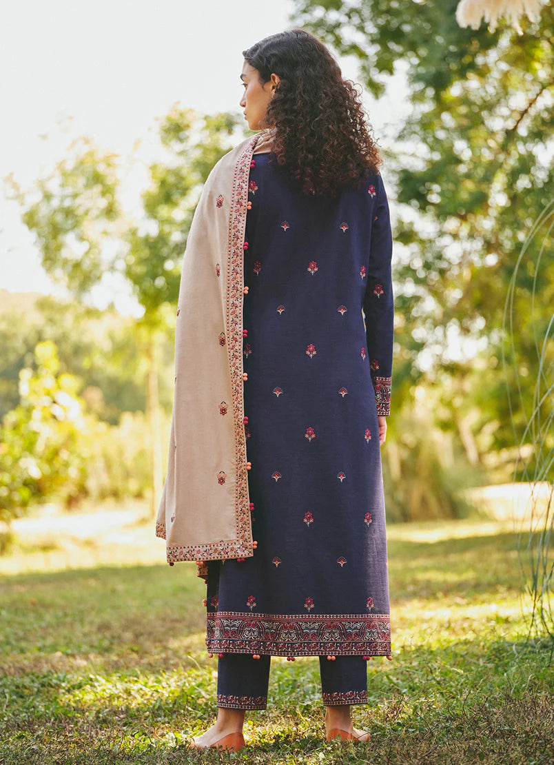 MARIA B- 3PC DHANAK EMBROIDERED SHIRT WITH DHANAK EMBROIDERED SHAWL & EMB TROUSER-W.J-1784