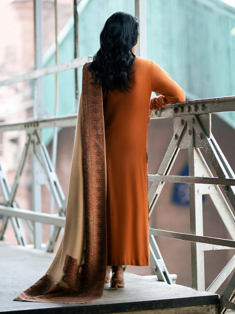 IZEL-3PC DHANAK EMBROIDERED SHIRT WITH COURTRAI PRINTED SHAWL AND TROUSER-WJ-1953