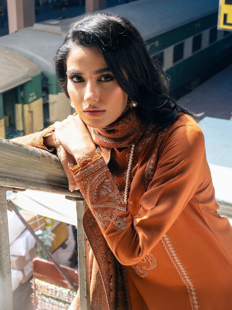 IZEL-3PC DHANAK EMBROIDERED SHIRT WITH COURTRAI PRINTED SHAWL AND TROUSER-WJ-1953