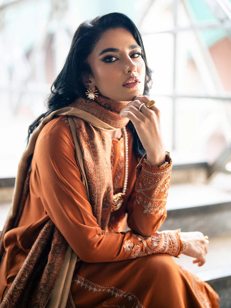IZEL-3PC DHANAK EMBROIDERED SHIRT WITH COURTRAI PRINTED SHAWL AND TROUSER-WJ-1953