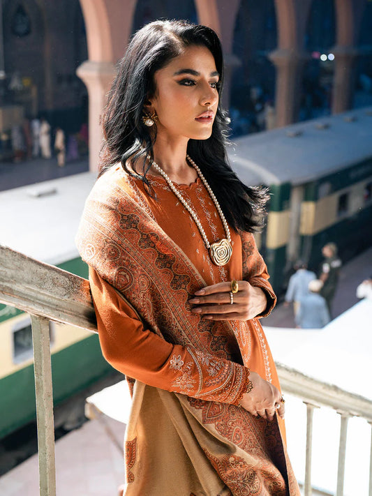 IZEL-3PC DHANAK EMBROIDERED SHIRT WITH COURTRAI PRINTED SHAWL AND TROUSER-WJ-1953