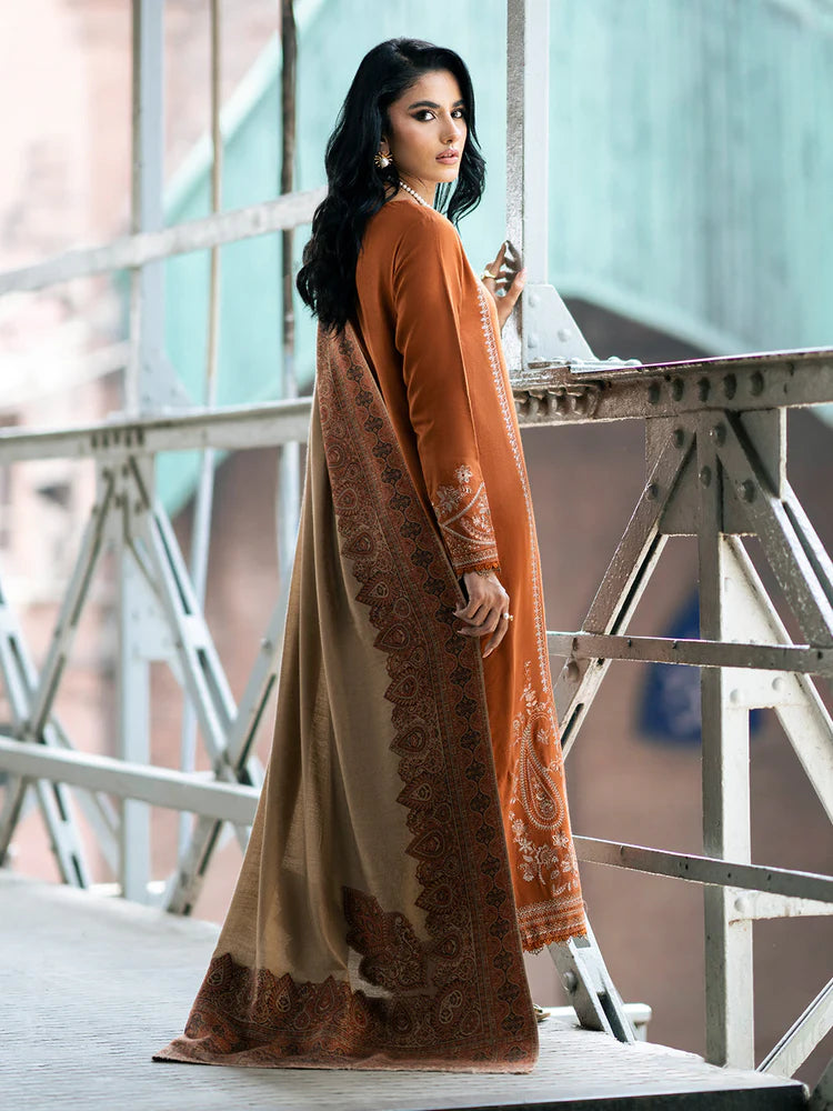 IZEL-3PC DHANAK EMBROIDERED SHIRT WITH COURTRAI PRINTED SHAWL AND TROUSER-WJ-1953