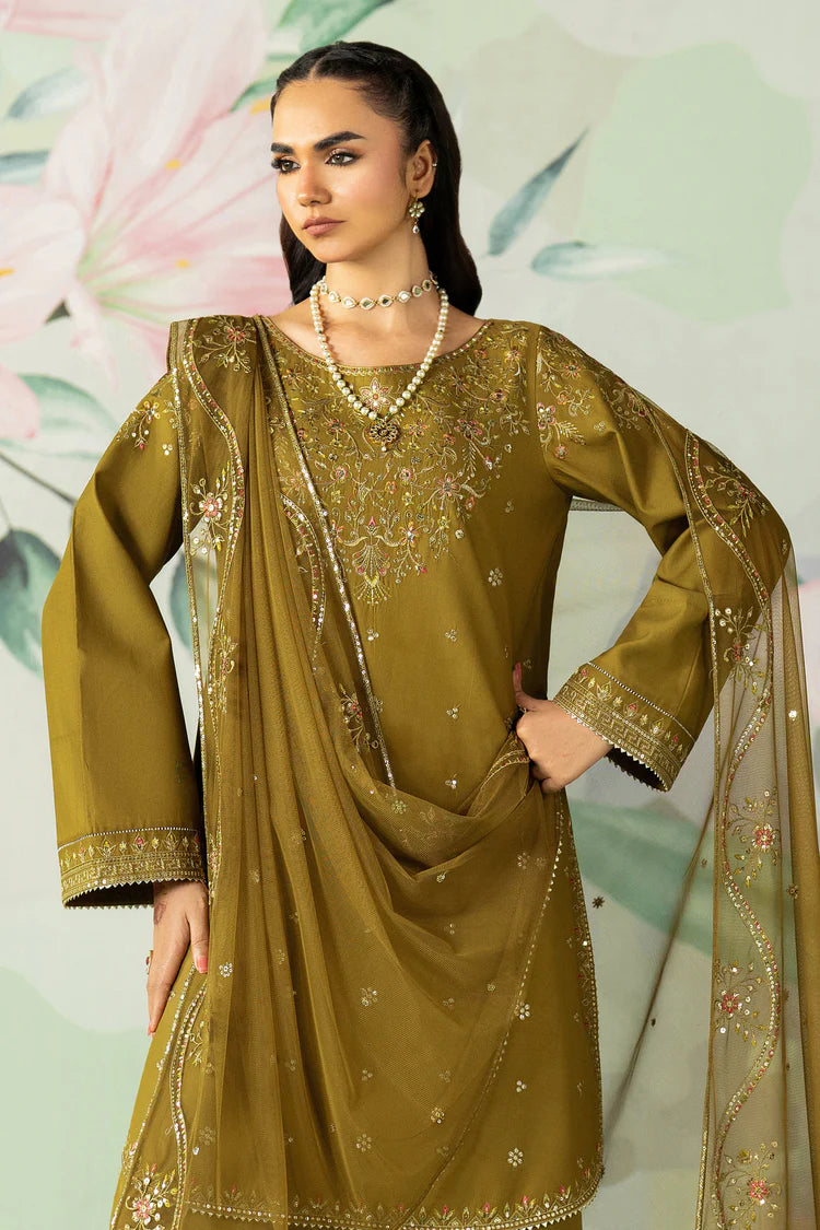 ETHNC-3PC DHANAK SEQUIN EMBROIDERED SHIRT WITH COTTON NET EMBROIDERED DUPATTA AND TROUSER-W.J-1918