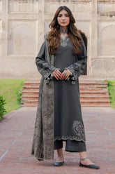 IZEL-3PC DHANAK EMBROIDERED SHIRT WITH COURTRAI PRINTED SHAWL & TROUSER-W.J-4359