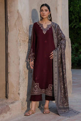IZEL-3PC DHANAK EMBROIDERED SHIRT WITH COURTRAI PRINTED SHAWL & TROUSER-W.J-4364
