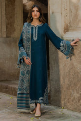 IZEL-3PC DHANAK EMBROIDERED SHIRT WITH COURTRAI PRINTED SHAWL & TROUSER-W.J-4369