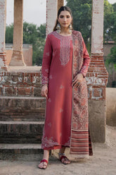 IZEL-3PC DHANAK EMBROIDERED SHIRT WITH WOOL PRINTED SHAWL & TROUSER-W.J-5017