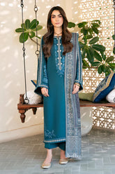 IZEL-3PC DHANAK EMBROIDERED SHIRT WITH COURTRAI PRINTED SHAWL & TROUSER-W.J-4387