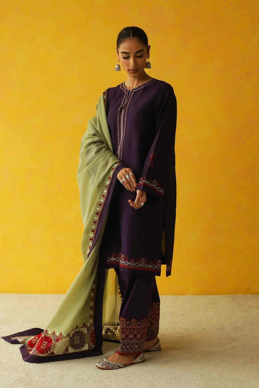 COCO BY ZARA SHAHJAHAN- 3PC DHANAK EMBROIDERED SHIRT WITH EMBROIDERED SHAWL-W.J-1052