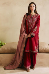 ZARA SHAHJAHAN-3PC DHANAK EMBROIDERED SHIRT WITH CORTRAI WOOL PRINTED SHAWL AND EMB TROUSER-W.J-1806