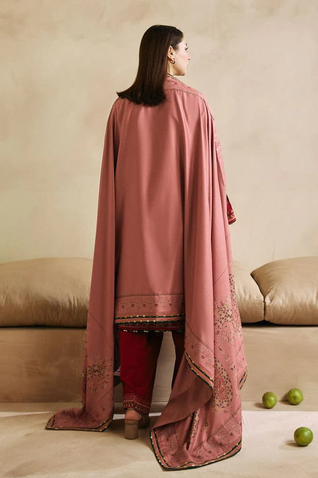 ZARA SHAHJAHAN-3PC DHANAK EMBROIDERED SHIRT WITH CORTRAI WOOL PRINTED SHAWL AND EMB TROUSER-W.J-1806