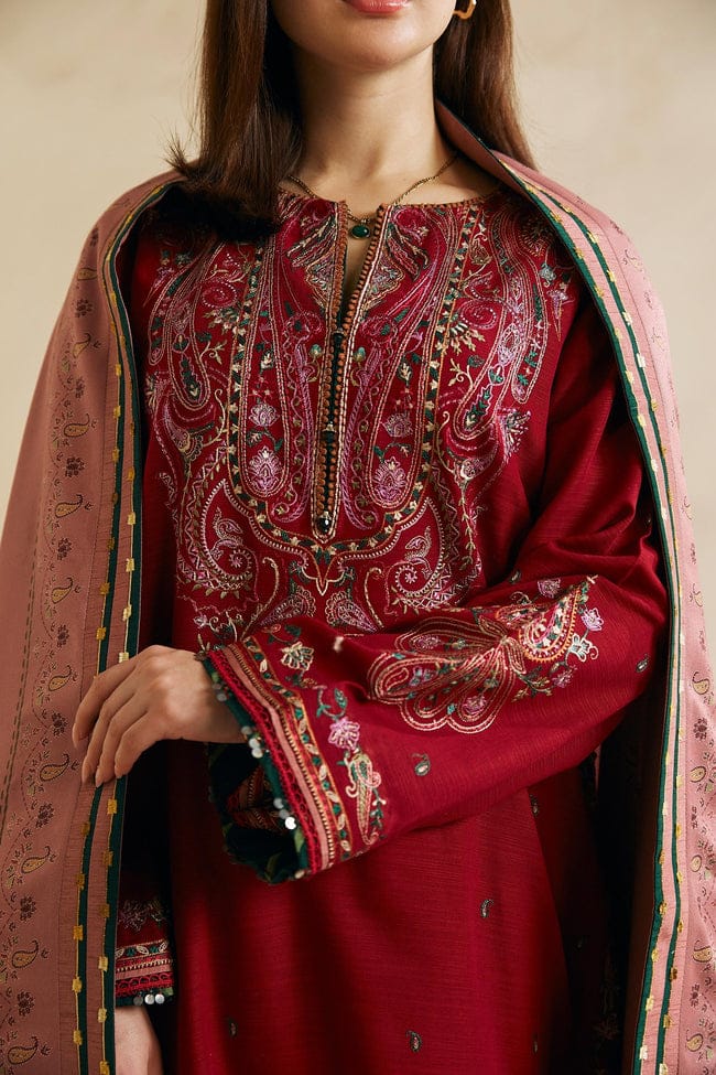 ZARA SHAHJAHAN-3PC DHANAK EMBROIDERED SHIRT WITH CORTRAI WOOL PRINTED SHAWL AND EMB TROUSER-W.J-1806