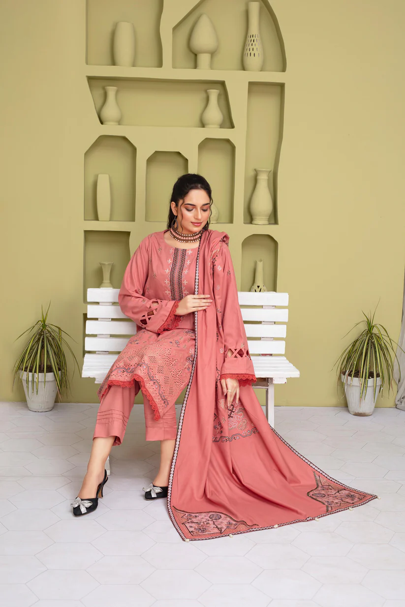 WearJora-3PC DHANAK EMBROIDERED SHIRT WITH DHANAK CUTWORK EMBROIDERED SHAWL AND TROUSER-W.J-1781