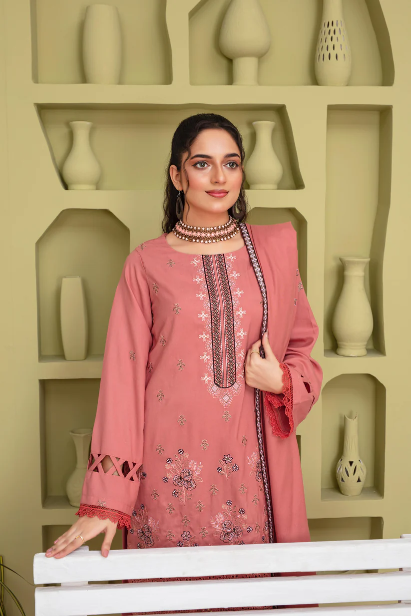 WearJora-3PC DHANAK EMBROIDERED SHIRT WITH DHANAK CUTWORK EMBROIDERED SHAWL AND TROUSER-W.J-1781