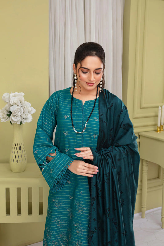 WearJora-3PC KHADAR CUTWORK EMBROIDERED SHIRT WITH KASHMIRI JACQUARD WOOL SHAWL-W.J-1314