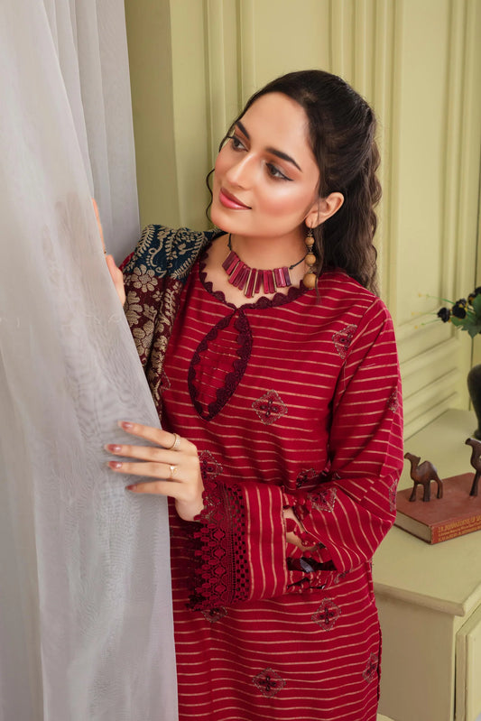 WearJora-3PC KHADAR CUTWORK EMBROIDERED SHIRT WITH KASHMIRI JACQUARD WOOL SHAWL-W.J-1316