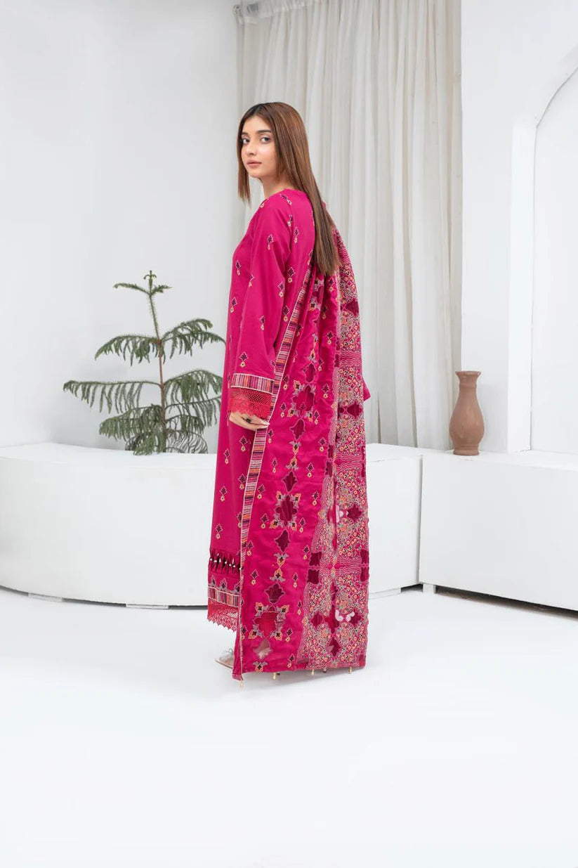 WearJora-3PC DHANAK EMBROIDERED SHIRT WITH HEAVY CUTWORK EMBROIDERED DHANAK SHAWL AND TROUSER-W.J-1793