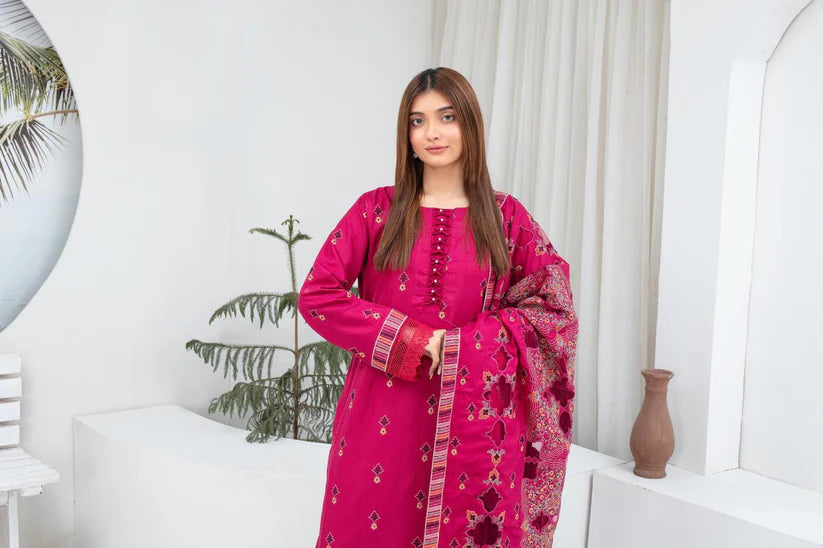 WearJora-3PC DHANAK EMBROIDERED SHIRT WITH HEAVY CUTWORK EMBROIDERED DHANAK SHAWL AND TROUSER-W.J-1793