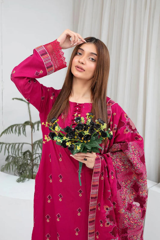 WearJora-3PC DHANAK EMBROIDERED SHIRT WITH HEAVY CUTWORK EMBROIDERED DHANAK SHAWL AND TROUSER-W.J-1793