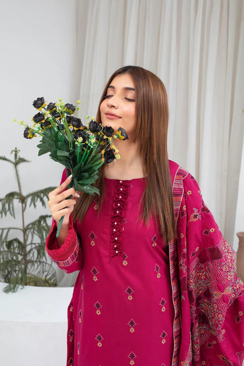 WearJora-3PC DHANAK EMBROIDERED SHIRT WITH HEAVY CUTWORK EMBROIDERED DHANAK SHAWL AND TROUSER-W.J-1793