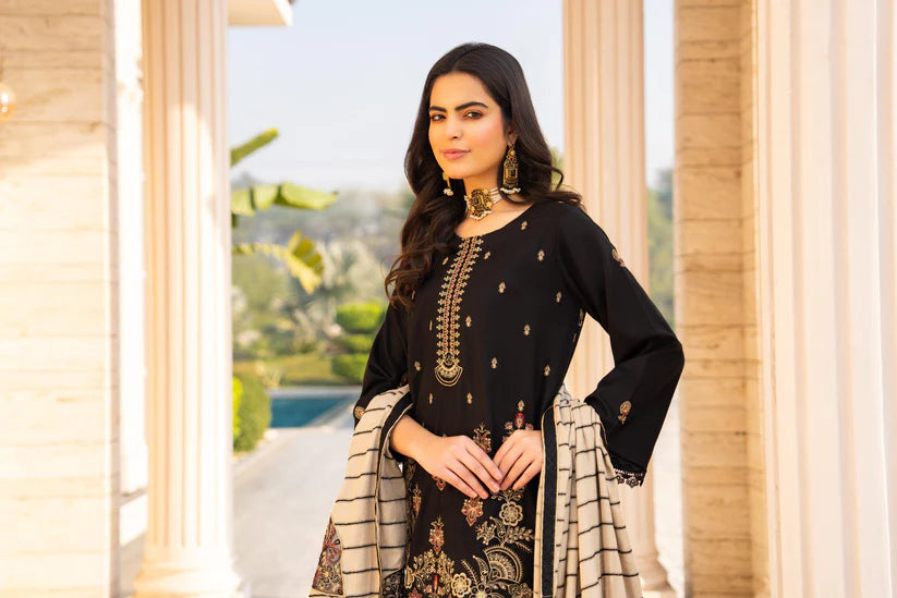 WearJora-3PC DHANAK EMBROIDERED SHIRT WITH HEAVY CUTWORK EMBROIDERED JACQUARD WOOL SHAWL W.J-1385