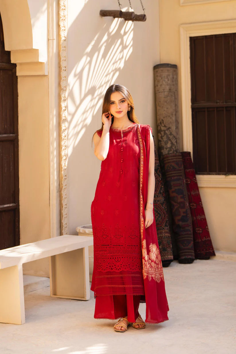 MIRAKHI-3PC LAWN CHIKENKARI EMBROIDERED SHIRT WITH LAWN JAQUARD PRINT DUPATTA-W.J-1634