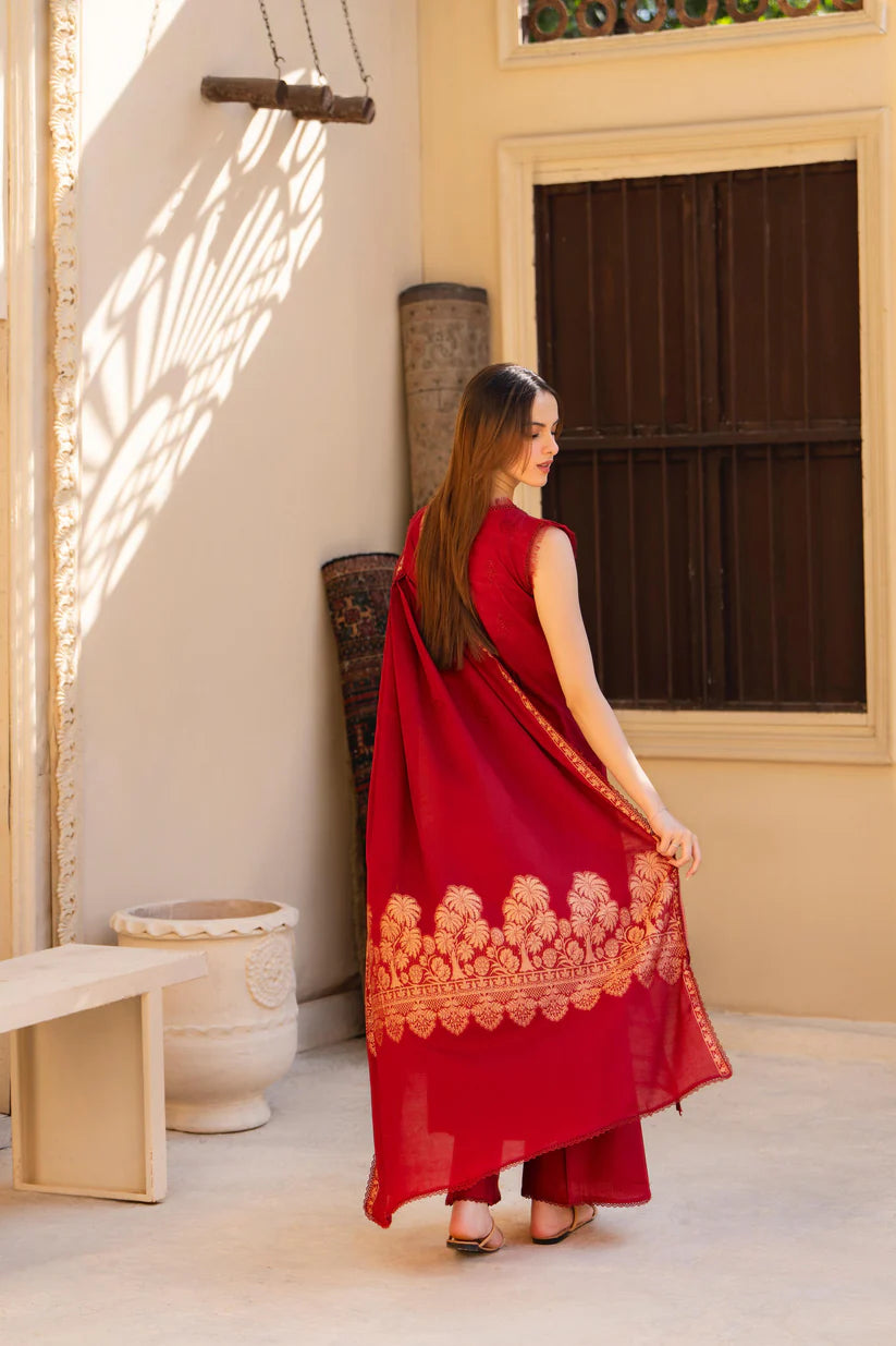 MIRAKHI-3PC LAWN CHIKENKARI EMBROIDERED SHIRT WITH LAWN JAQUARD PRINT DUPATTA-W.J-1634