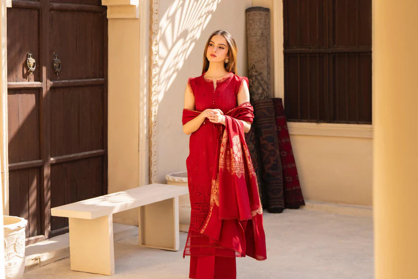 MIRAKHI-3PC LAWN CHIKENKARI EMBROIDERED SHIRT WITH LAWN JAQUARD PRINT DUPATTA-W.J-1634