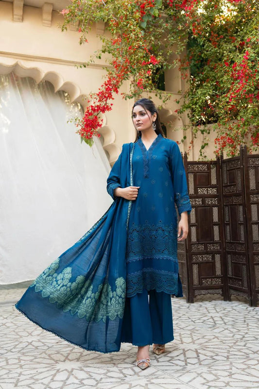 MIRAKHI-3PC LAWN CHIKENKARI EMBROIDERED SHIRT WITH LAWN JACQUARD PRINT DUPATTA-W.J-1697