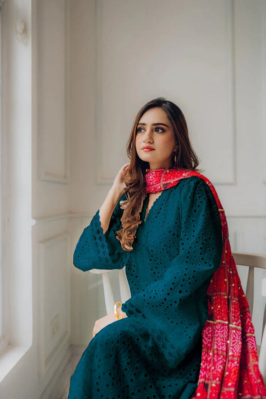 MARIA B-3PC CHIKANKAARI LAWN EMBROIDERED SHIRT WITH CHUNRI PRINT DUPATTA AND TROUSER-W.J-1717