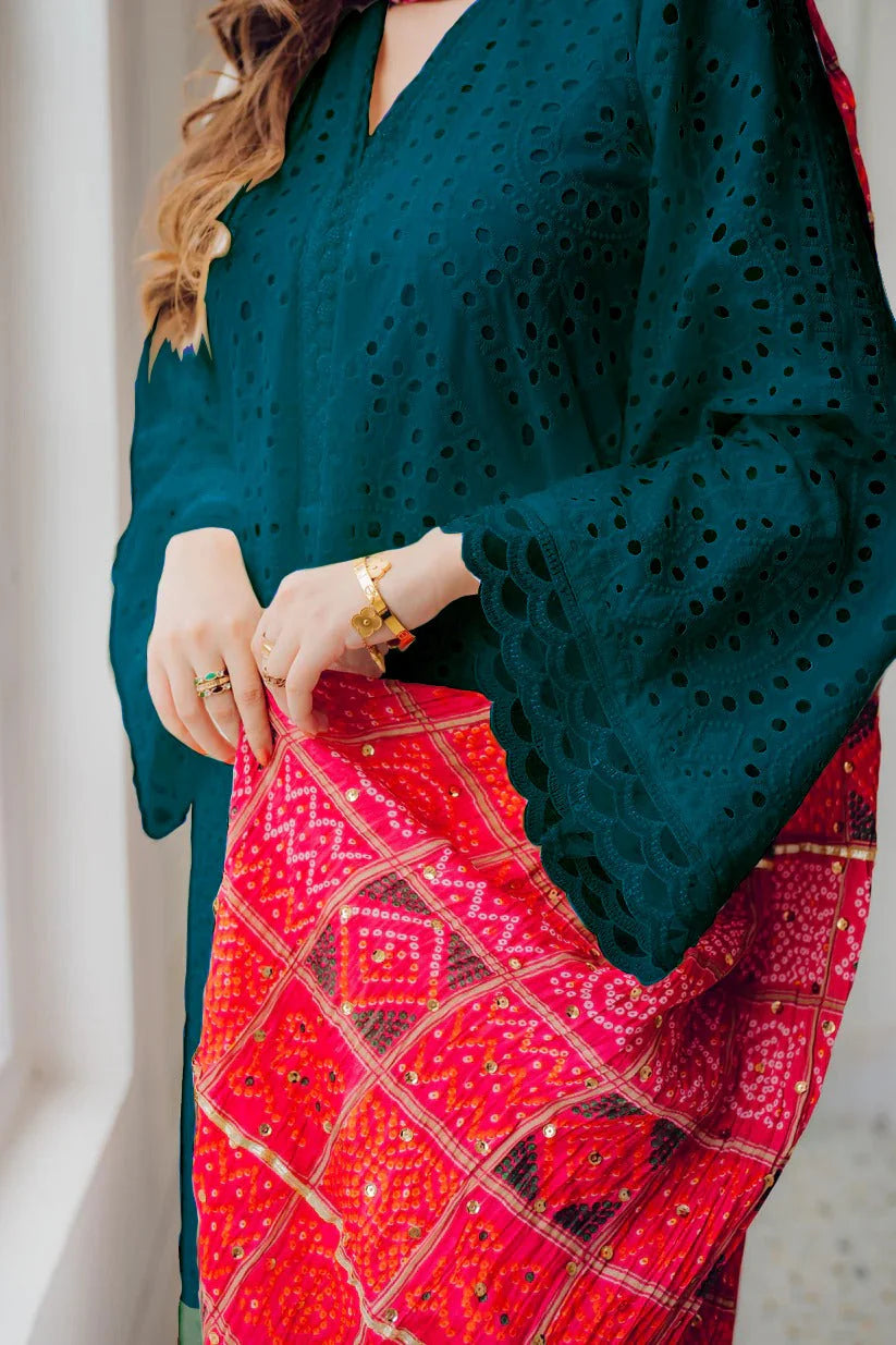 MARIA B-3PC CHIKANKAARI LAWN EMBROIDERED SHIRT WITH CHUNRI PRINT DUPATTA AND TROUSER-W.J-1717
