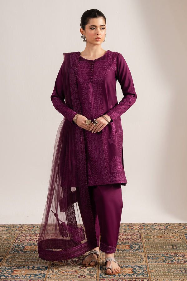 MARYAM & MARIA-3PC DHANAK EMBROIDERED SHIRT WITH ORGANZA EMBROIDERED DUPATTA & TROUSER-W.J-1736