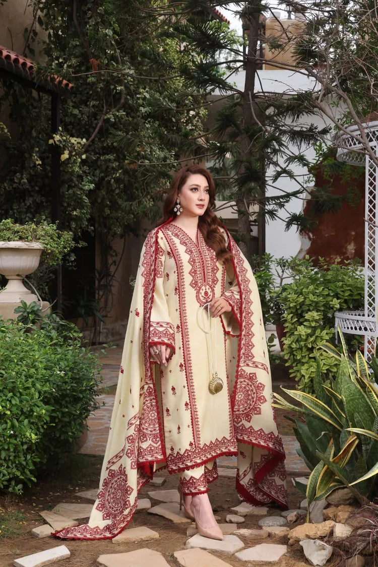 ASIM JOFA-3PC DHANAK EMBROIDERED SHIRT WITH DHANAK EMBROIDERED SHAWL & TROUSER-WJ-1952