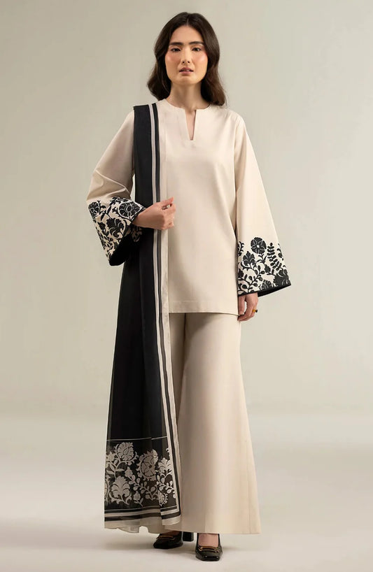 SAPPHIRE-3PC DHANAK SHIRT WITH DHANAK EMBROIDERED SLEEVES & PRINTED SHAWL-WJ-1947