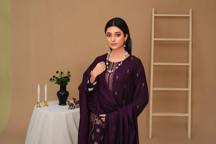 WearJora-3PC Dhanak Embroidered Shirt with Velvet Dhanak Shawl and Trouser-WJ-1926