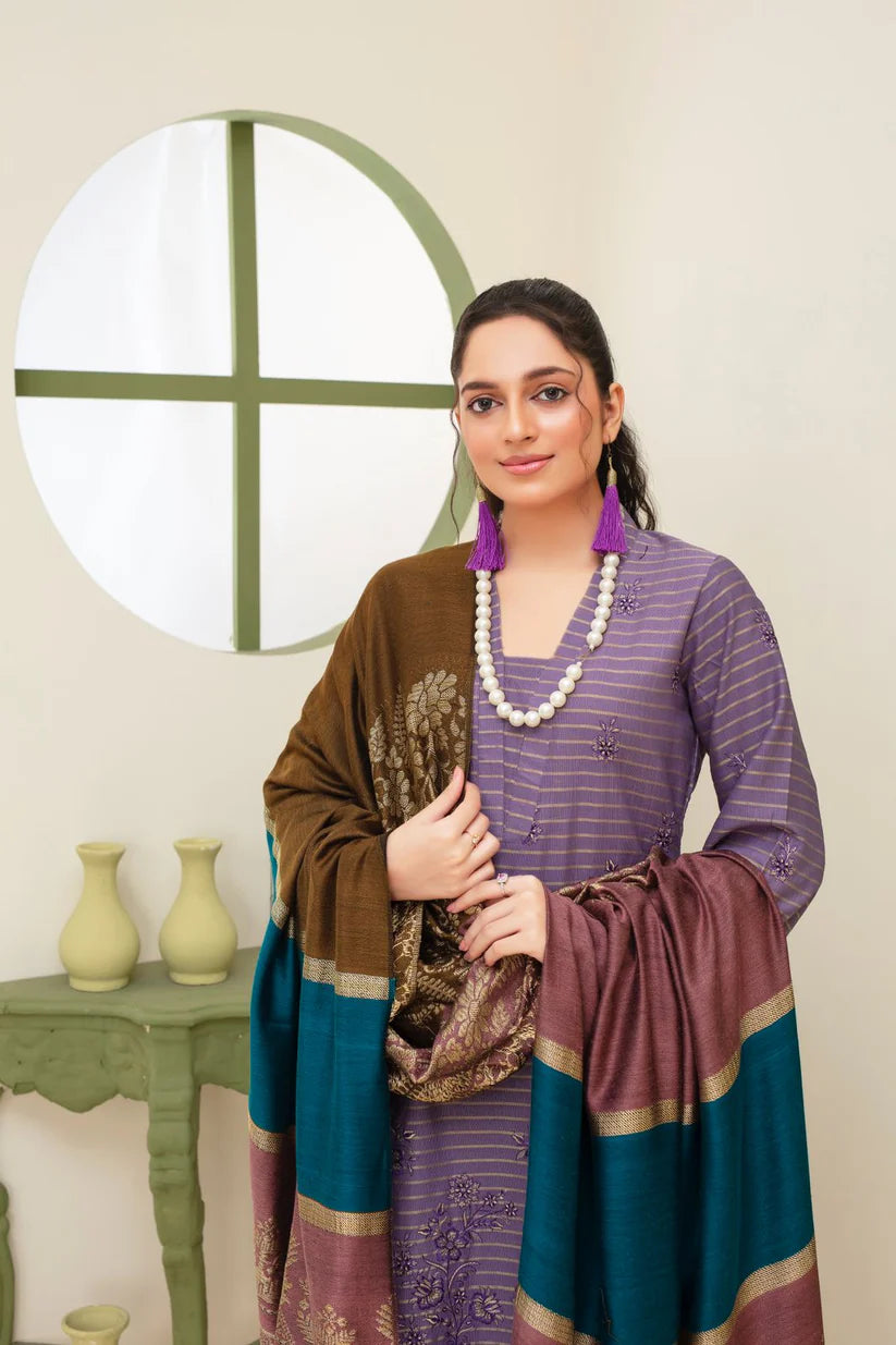 WearJora-3PC KHADAR CUTWORK EMBROIDERED SHIRT WITH KASHMIRI JACQUARD WOOL SHAWL-W.J-1792