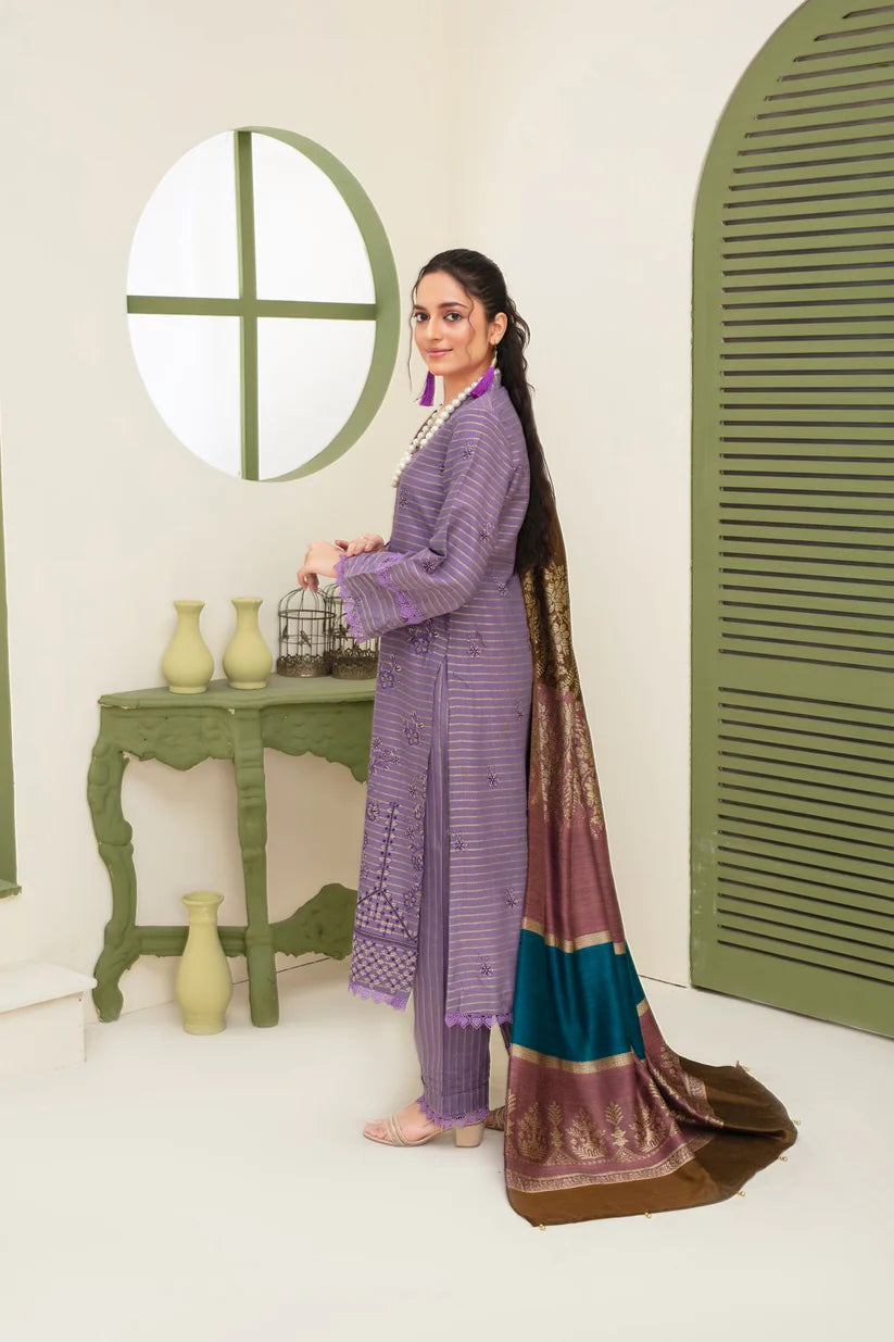 WearJora-3PC KHADAR CUTWORK EMBROIDERED SHIRT WITH KASHMIRI JACQUARD WOOL SHAWL-W.J-1792