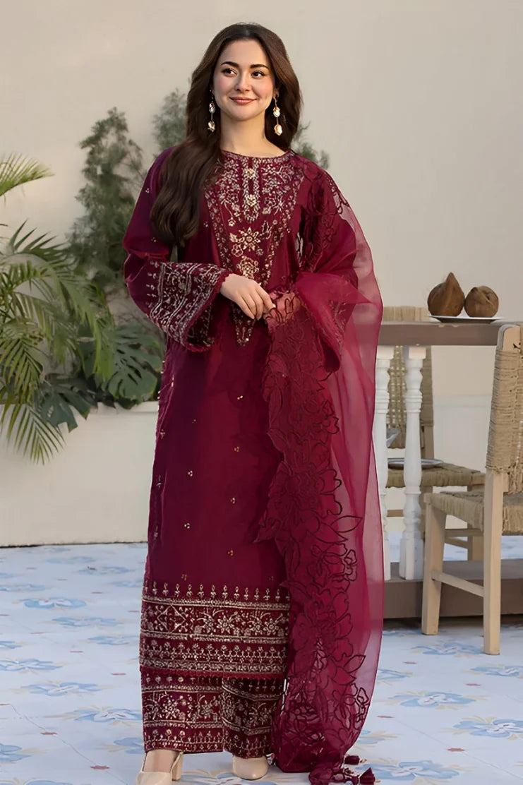 QALAMQAR-3PC DHANAK EMBROIDERED SHIRT WITH ORGANZA EMBROIDERED DUAPATTA AND EMB TROUSER-W.J-1845