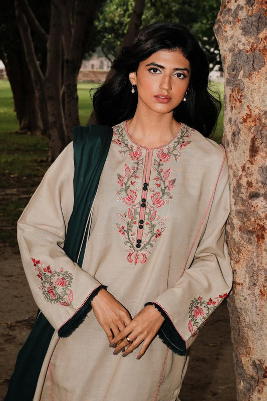 COCO BY ZAHRA SHAHJAHAN - 3PC DHANAK EMBROIDERED SHIRT WITH DHANAK EMBROIDERED SHAWL AND TROUSER-W.J-1223