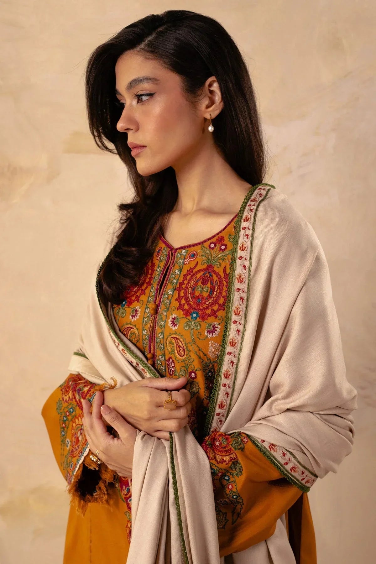 ZARA SHAHJAHAN - 3PC DHANAK EMBROIDERED SHIRT WITH DHANAK EMBROIDERED SHAWL AND TROUSER-W.J-1156