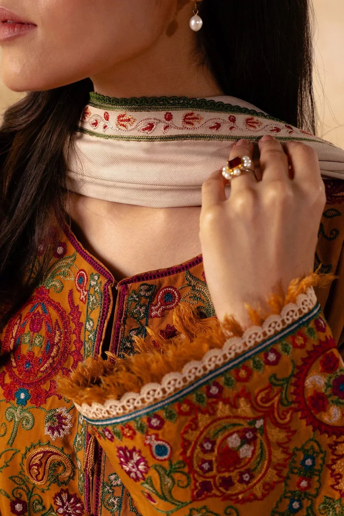 ZARA SHAHJAHAN - 3PC DHANAK EMBROIDERED SHIRT WITH DHANAK EMBROIDERED SHAWL AND TROUSER-W.J-1156