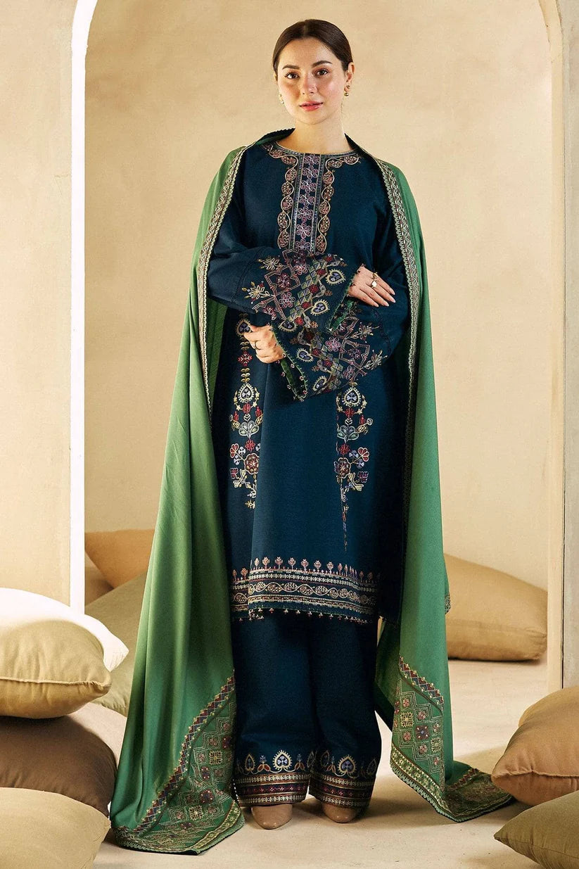 ZARASHAHJAHAN- 3PC DHANAK EMBROIDERED SHIRT DHANAK EMBROIDERED SHAWL AND TROUSER-W.J-1796
