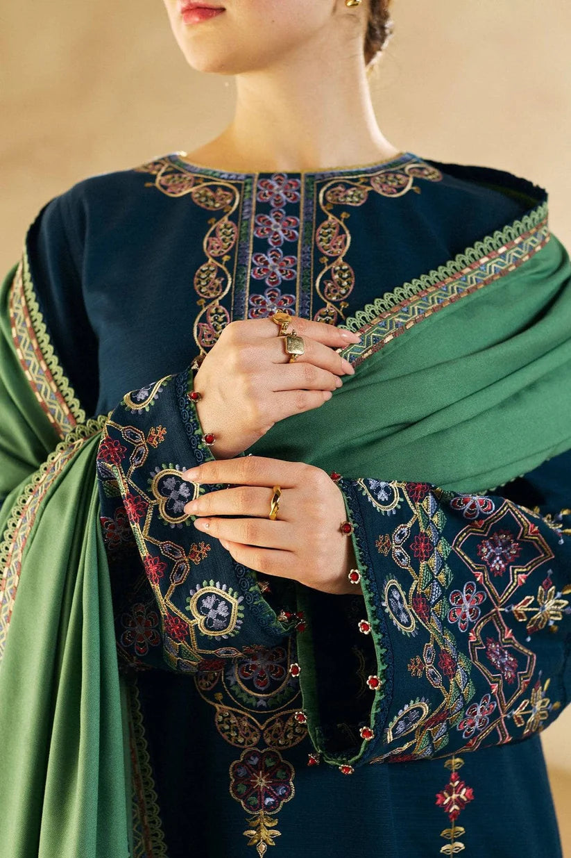ZARASHAHJAHAN- 3PC DHANAK EMBROIDERED SHIRT DHANAK EMBROIDERED SHAWL AND TROUSER-W.J-1796